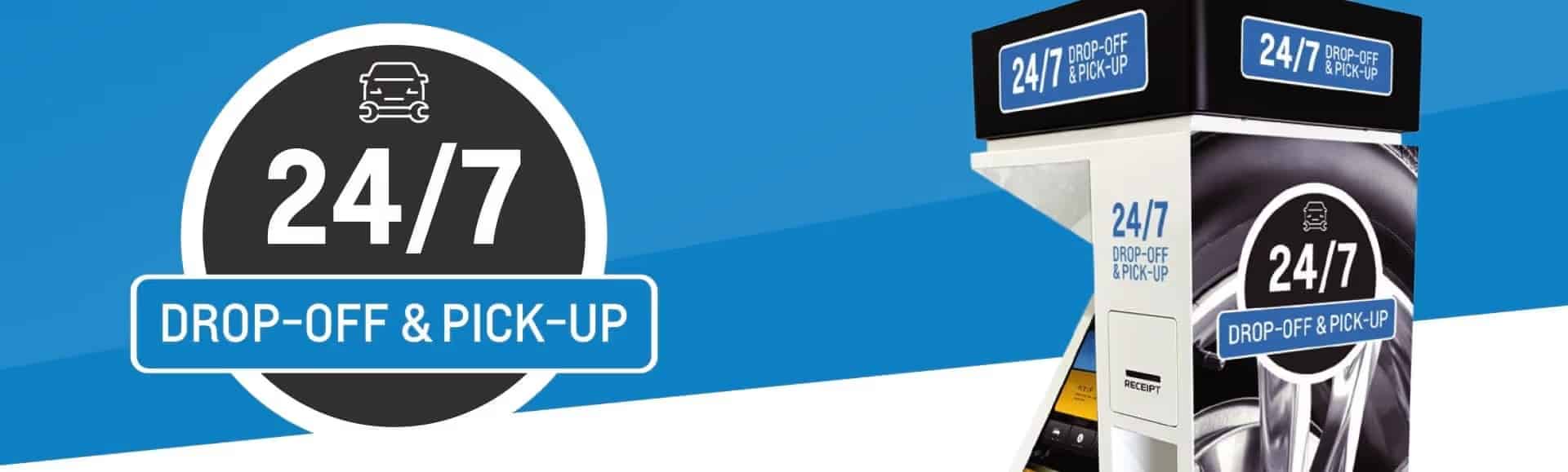 24/7 drop-off and pick-up service kiosk, featuring a modern design with clear signage, ideal for convenient vehicle rental and transportation solutions.
