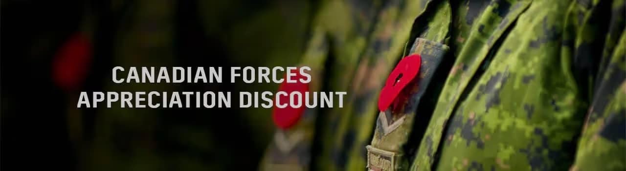 Canadian Forces members wearing uniforms adorned with red poppy pins, highlighting the Canadian Forces Appreciation Discount program for military personnel.