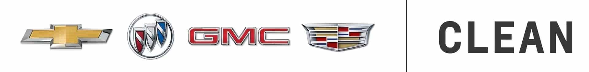 Logos of Chevrolet, Buick, GMC, and Cadillac displayed together, showcasing the premium automotive brands under General Motors. The word "CLEAN" is prominently featured, emphasizing the brand's commitment to quality and innovation in vehicle design.