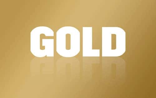 Text image featuring the word "GOLD" prominently displayed in white against a shiny gold background, representing wealth, luxury, and financial investment.