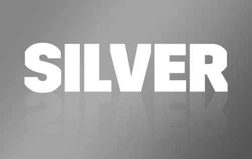 Bold text reading "SILVER" on a gradient gray background, representing the precious metal and its various uses in jewelry, electronics, and investment.