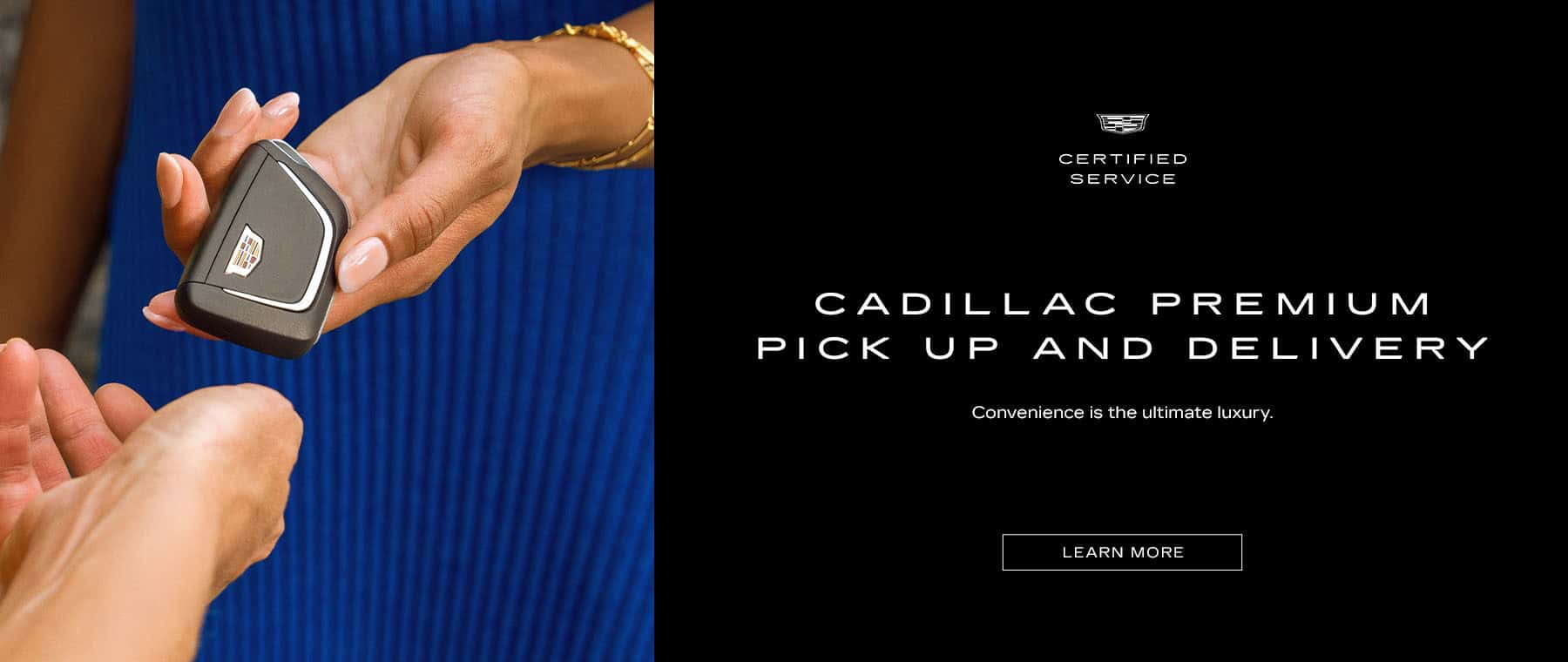 Cadillac key fob being handed over, promoting the Cadillac Premium Pick Up and Delivery service, highlighting luxury and convenience in vehicle maintenance.