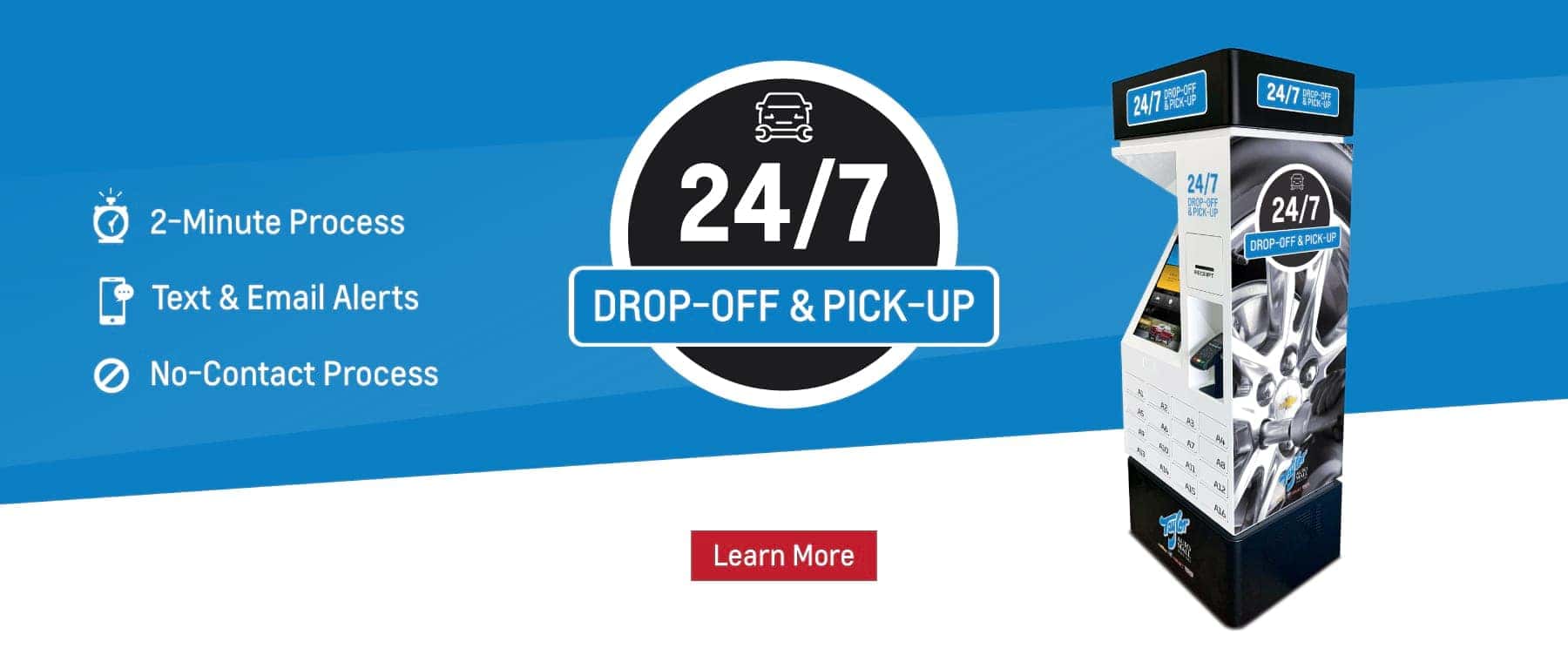 24/7 automated drop-off and pick-up kiosk featuring a 2-minute processing time, text and email alerts, and a no-contact procedure for convenience and safety.