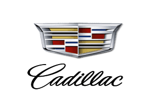 Cadillac logo featuring a stylized crest with a mix of red, yellow, and blue elements, accompanied by the elegant cursive name "Cadillac" underneath, representing luxury and innovation in automotive design.