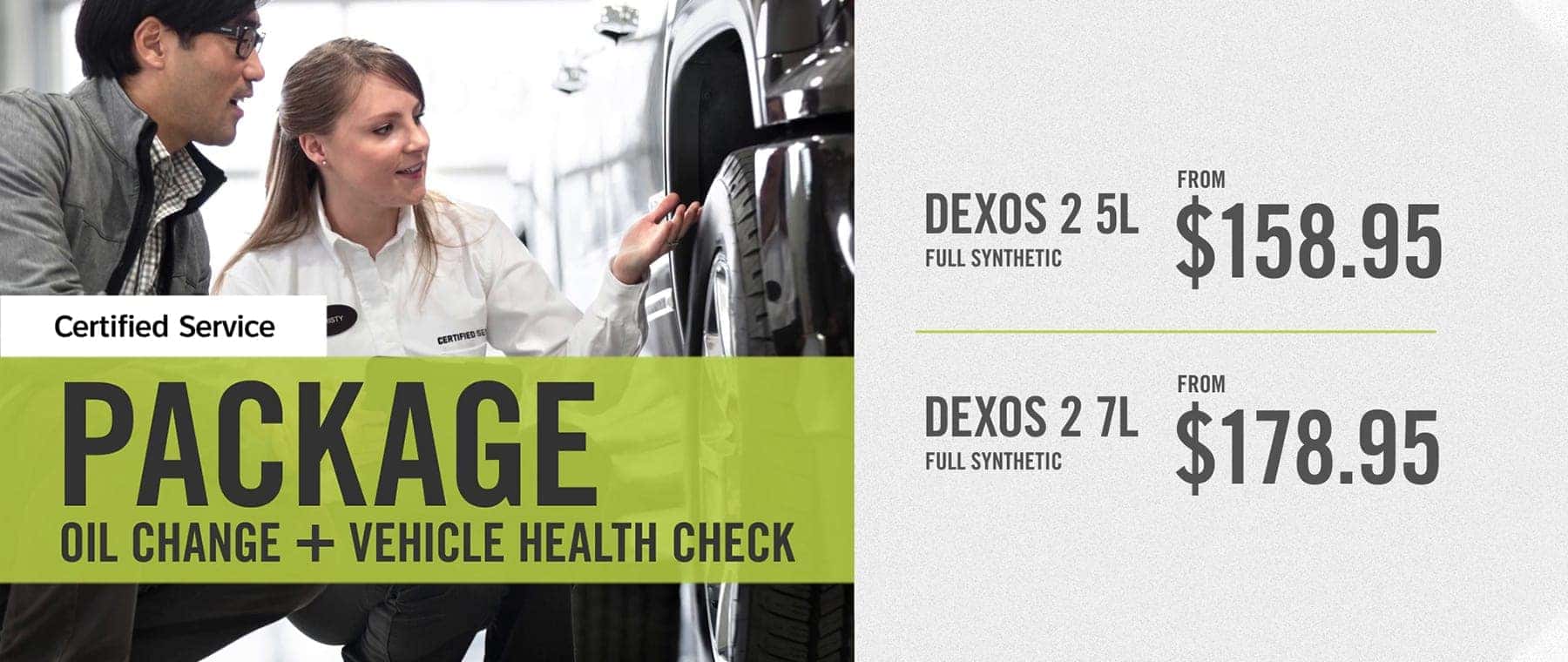 Image featuring a vehicle service advisor explaining an oil change package to a customer, highlighting the prices for Dexos 2 5L and 7L full synthetic oil changes, along with a vehicle health check, in a professional automotive service environment.