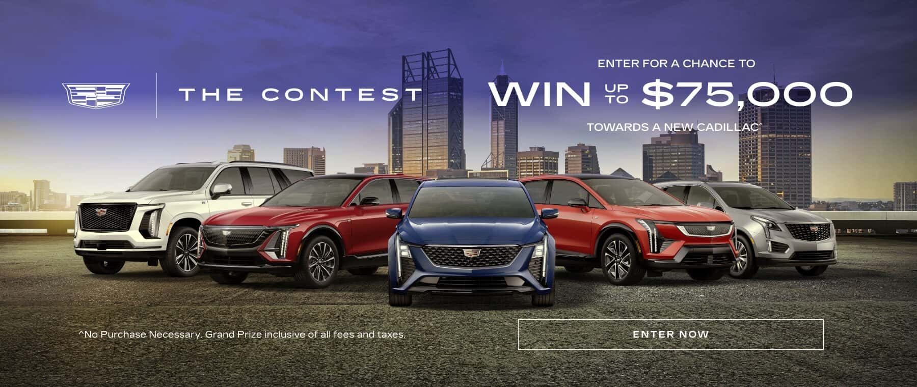 Image promoting a Cadillac contest featuring five different Cadillac vehicles parked against an urban skyline backdrop, inviting viewers to enter for a chance to win up to $75,000 towards a new Cadillac.