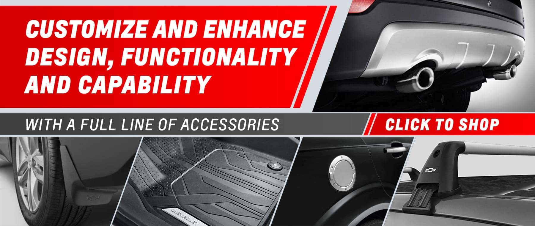 Image promoting vehicle customization options with accessories, featuring car parts like rubber floor mats, fuel caps, and exhaust tips. Text highlights design and functionality enhancements.
