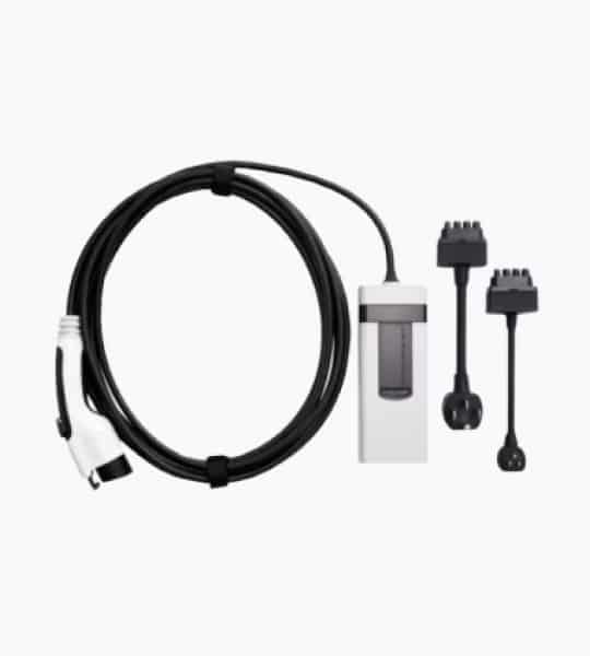 Electric vehicle charging cable set featuring a Type 2 connector, a compact charging unit, and interchangeable adapters for versatile compatibility with various EV models.