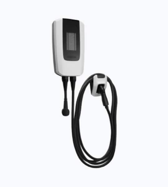 Electric vehicle charging station with a sleek design, featuring a wall-mounted unit and a coiled charging cable for convenient use. Ideal for home or commercial electric vehicle charging needs.