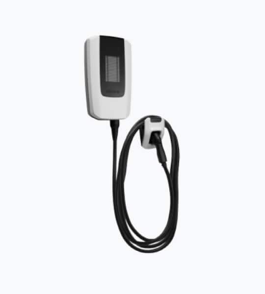 Wall-mounted electric vehicle charger with a sleek design and attached charging cable, suitable for residential use.
