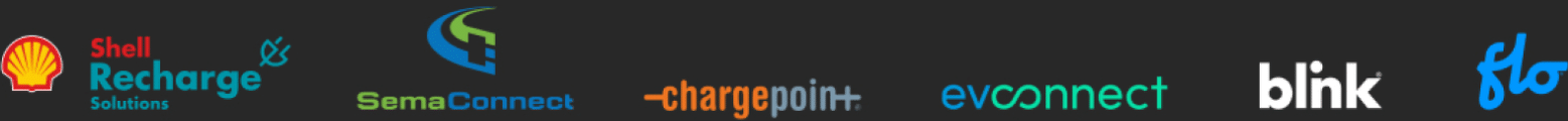 Logos of electric vehicle charging solutions including Shell Recharge, SemaConnect, ChargePoint, EV Connect, Blink, and Flo, showcasing key players in the EV charging industry.