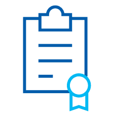Clipboard icon with lines representing text and a stamp in the bottom right corner, both in shades of blue. Represents official documentation, certifications, or task lists.