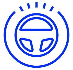 Icon representing a steering wheel with sun rays, symbolizing driving and outdoor activities.