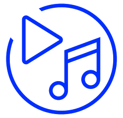 Blue play button icon with music notes, representing audio playback and streaming services.