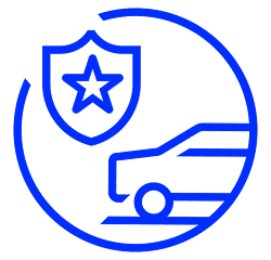 Blue outline illustration of a shield with a star next to a delivery truck, symbolizing security and trust in transportation services.